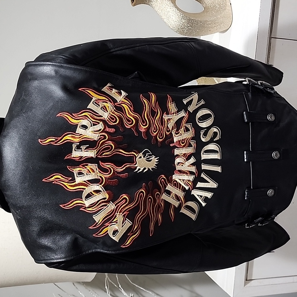 Harley-Davidson Mens FLAME II Leather Jacket RIDE FREE SIZE S Flames Black. - Picture 2 of 16